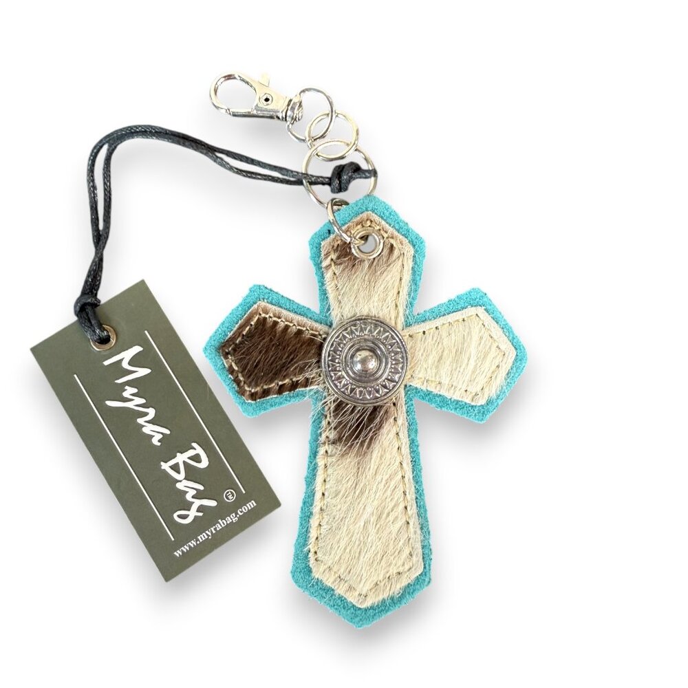 Myra Bag Leather & Hair-On Medallion Cross Hide Key Fob In Turquoise - New